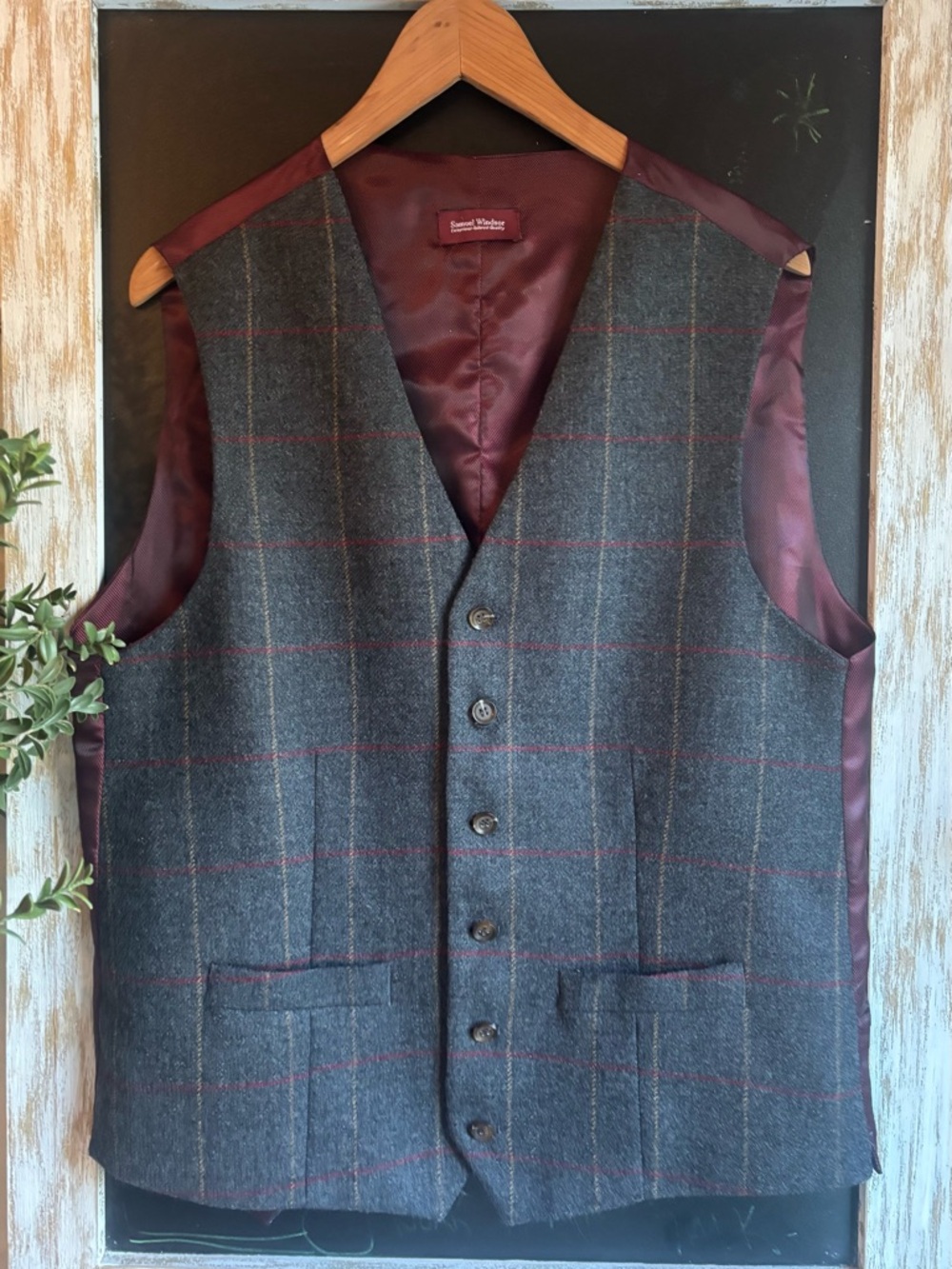 Samuel Windsor Wool Gray Plaid Windowpane Vest Sz 42 Tailored Waistcoat Lined